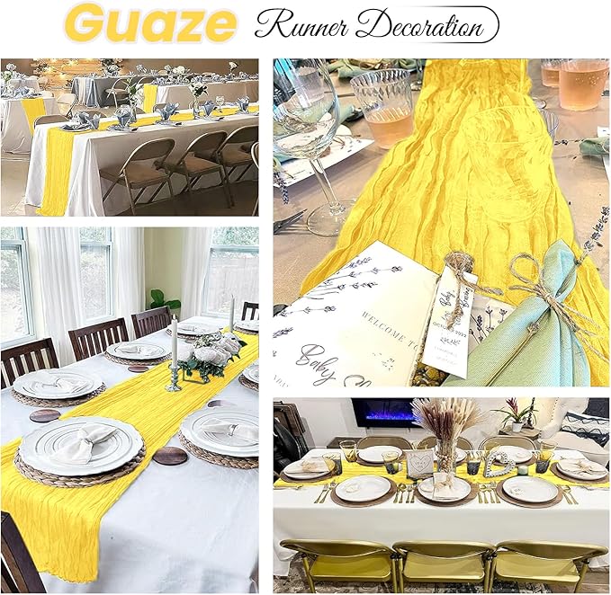 4 Pack Lemon Yellow Cheesecloth Table Runner 20 x 120 inch Gauze Table Runners 10 FT Long,Semi Sheer Boho Cheese Cloth Fabric Table Runner Bulk for Party,Wedding,Baby Shower,Bridal Shower Decoration
