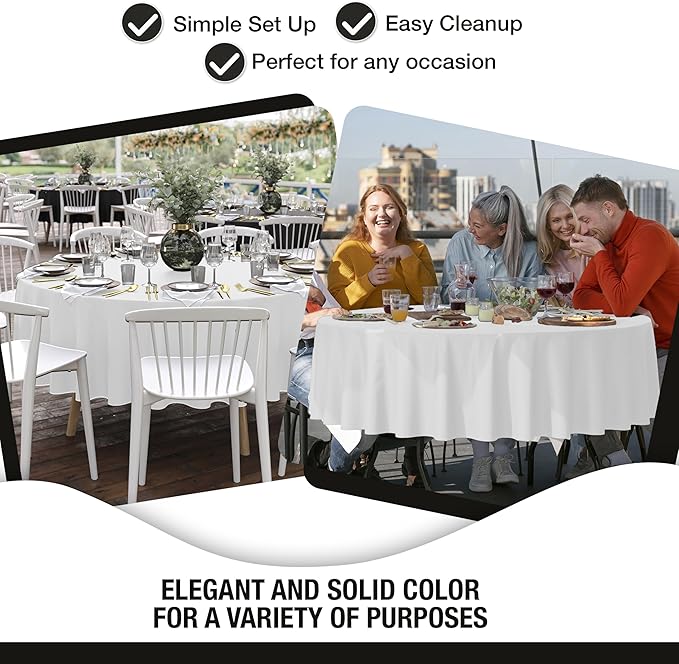 Party Solids 12-Pack White Round Plastic Tablecloth Disposable ??Size: 90 Inches ??Round Plastic Table Cloths for Parties, Picnics & Formal Events