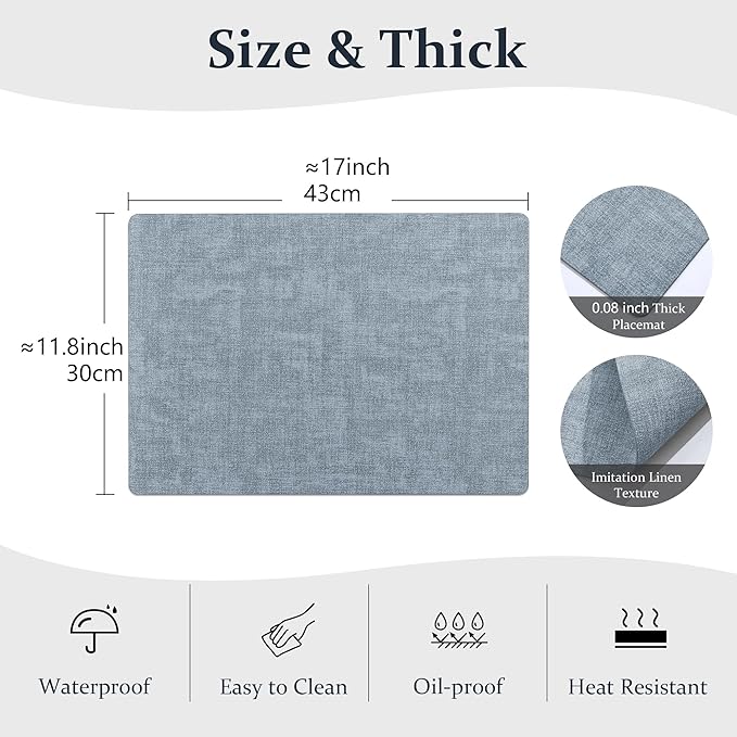 FROMHEART Faux Leather Placemats Set of 4?밯aterproof,Heat/Oil Stain-Resistant PU Table Mat?밨eversible,Non-Slip,Easy to Clean Place Mats for Kitchen,Dining,Indoor/Outdoor,(Light Blue,11.8" x 17")