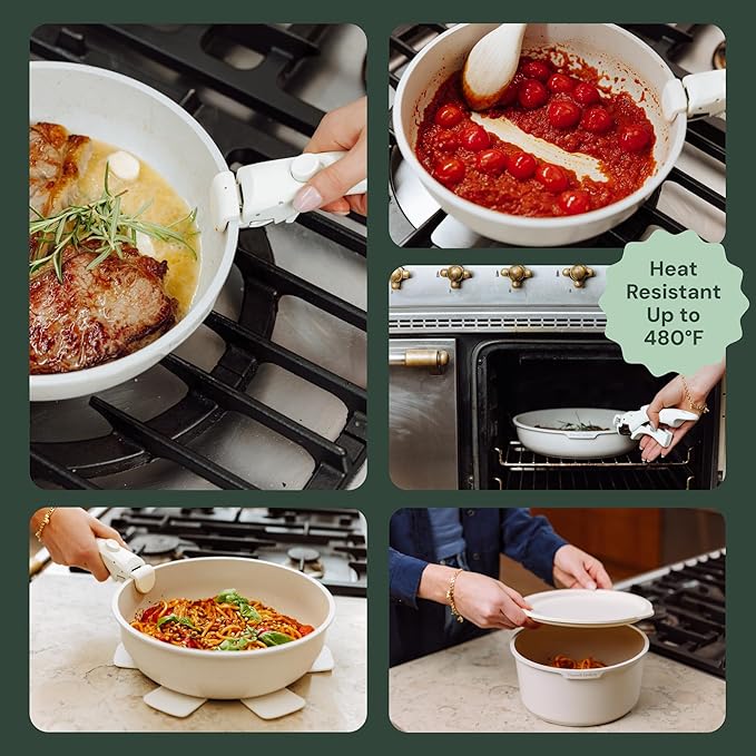 15-Piece White Granite Nonstick Cookware Set ??Detachable Handles & Tempered Glass Lids ??Stackable & Cool-Touch - Induction & Oven Safe to 480째F - Scratch-Resistant, PFOA & PFOS-Free
