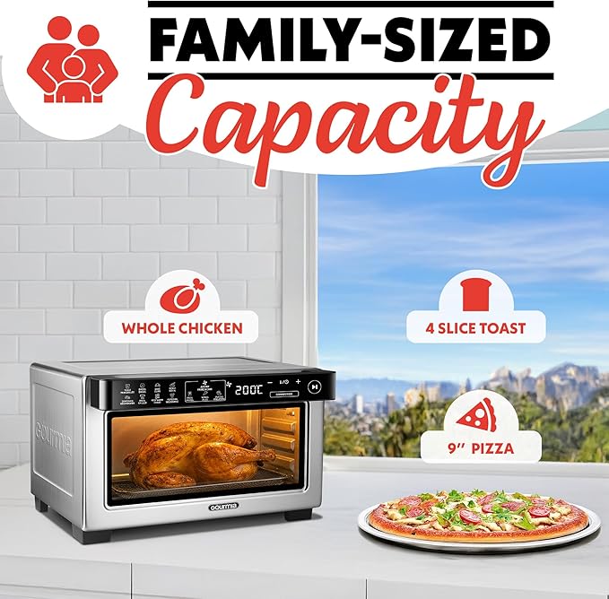 Gourmia Toaster Oven Digital Air Fryer - Convection Mode with 4 Slice Capacity, 3 Rack Positions, 12 Presets, Toast, Bagel, Bake, Roast, Broil, Dehydrate, Popcorn, Fits 9" Pizza, Stainless Steel