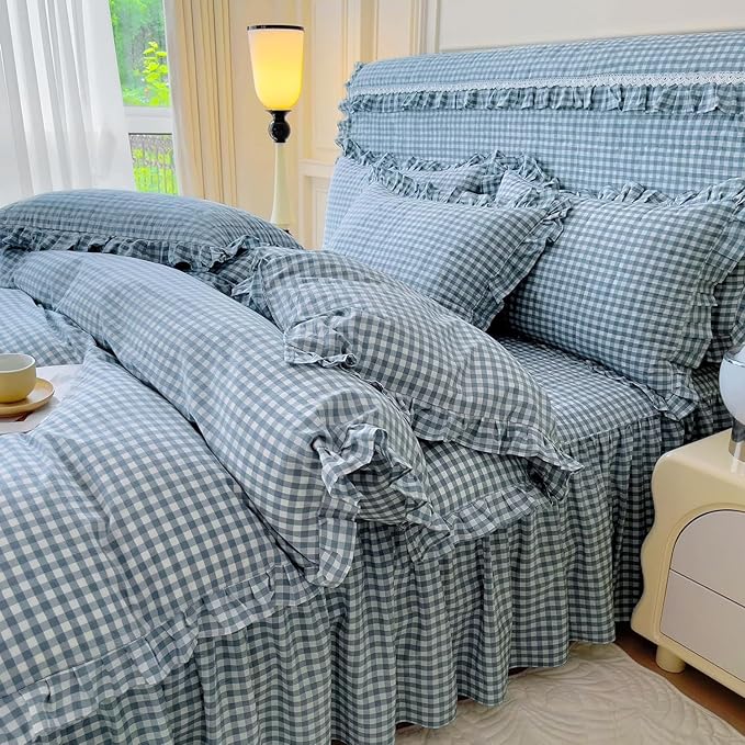 LifeTB Queen Comforter Set Blue Gingham Comforter Vintage Ruffle Plaid Checkered Pattern Comforter Set Queen Fluffy Soft Gingham Bedding Set Farmhouse Plaid Grid Bed Comforter with 2 Pillowcases