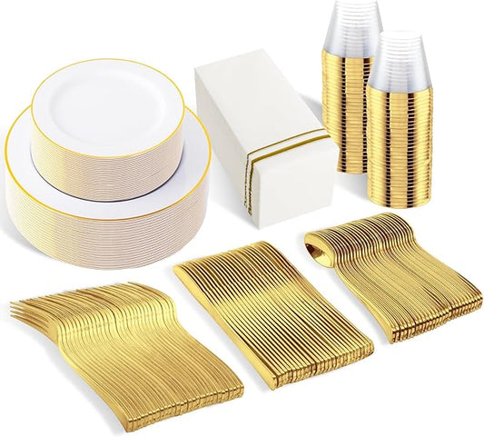 SUT 350 PCS Elegant White and Gold Disposable Dinnerware Set - Premium Dinner & Salad Plates, Cups, Napkins & Cutlery for 50 Guests - All-Inclusive Party Plastic Plates