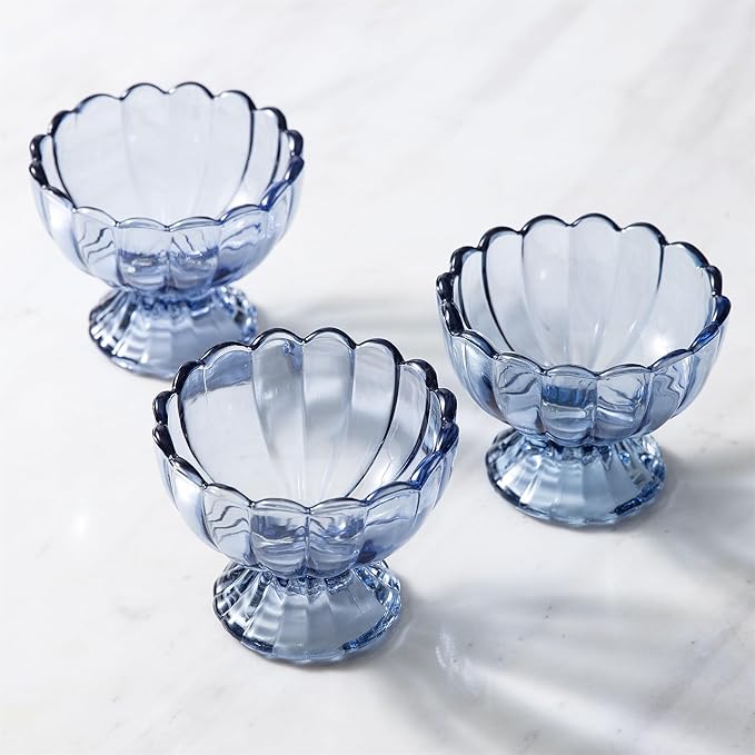 KMwares 6PCs Set 5oz Small Cute Footed Tulip Glass Dessert Bowls/Cups - Perfect for Dessert, Sundae, Ice Cream, Fruit, Salad, Snack, Cocktail, Condiment, Trifle and Christmas Holiday Party (Blue)
