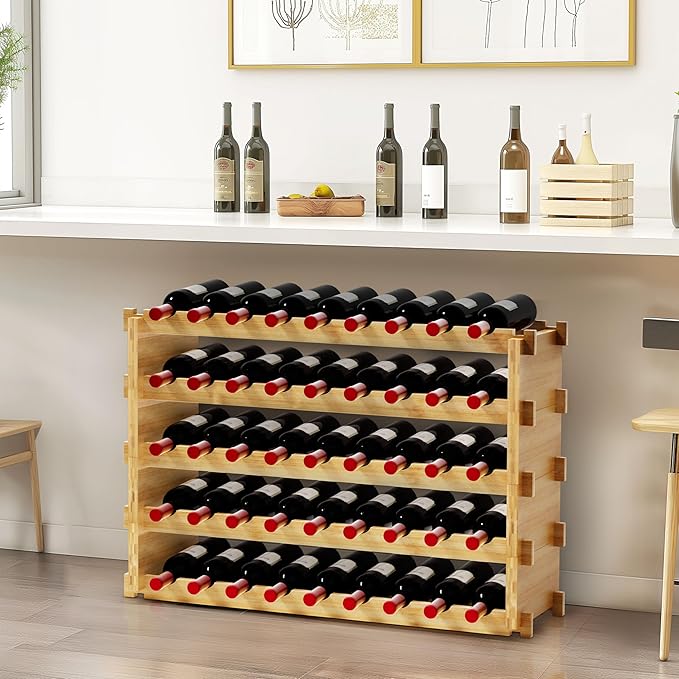 Finnhomy Wine Rack 45-Bottle 5-Tier Natural Bamboo Display Wine Storage Shelves Stackable Wine Bottle Holder