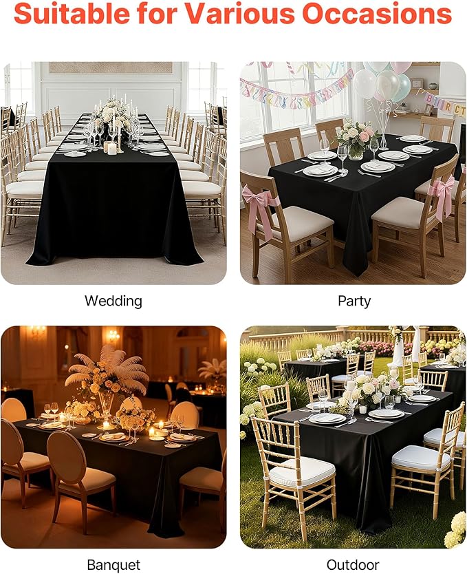VEVOR Black Tablecloths for Rectangle Tables, 6 Pack, 70 x 120 Inches, Reusable and Machine Washable Table Clothes, Wrinkle-Resistant Polyester Fabric Table Covers for Wedding, Party, Banquet