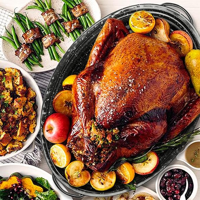 Granite Roasting Pan, 18??Enameled Roasting Pan with Domed Lid. Oval Turkey Roaster Pot, Broiler Pan Great for Turkey, Chicken, Lamb, Vegetable. Dishwasher Safe Cookware Fit for 18Lb Turkey by Kendane