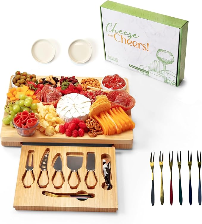 Charcuterie Board and Cheese Board Set with Knives, Bowls, Color Forks & Wine Opener ??Premium Appetizer Platter with Compartments, Eco Friendly Charcuterie Accessories for Stylish Hosts.