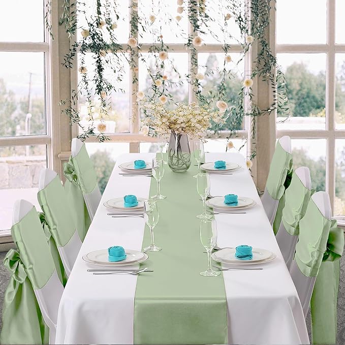 Horbaunal 6 Pack Satin Runners 12 x 72 Inch Bright Silky Smooth Satin Table Runners for Birthday Wedding Party Banquets, Sage Green