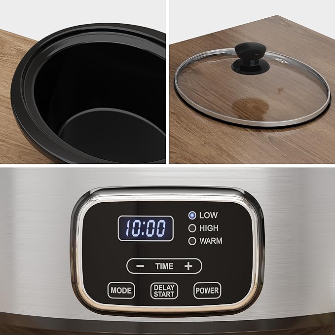 4QT Programmable Slow Cooker with Removable Ceramic Pot, Locking Lid, 3 Heating Settings & Timer, Dishwasher-Safe, Stainless Steel Silver