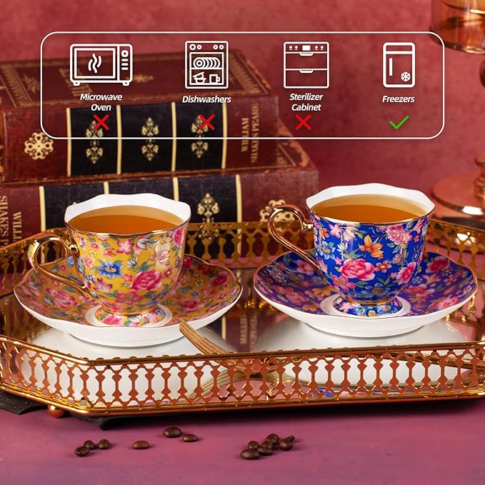 KAMMAK Tea Cups and Saucers Set of 2, Porcelain Coffee Cups with Saucer for Espresso, Cappuccino, 6.3oz Vintage Gold and Blue Ceramic Novelty Mug for Home, Tea Party, Office