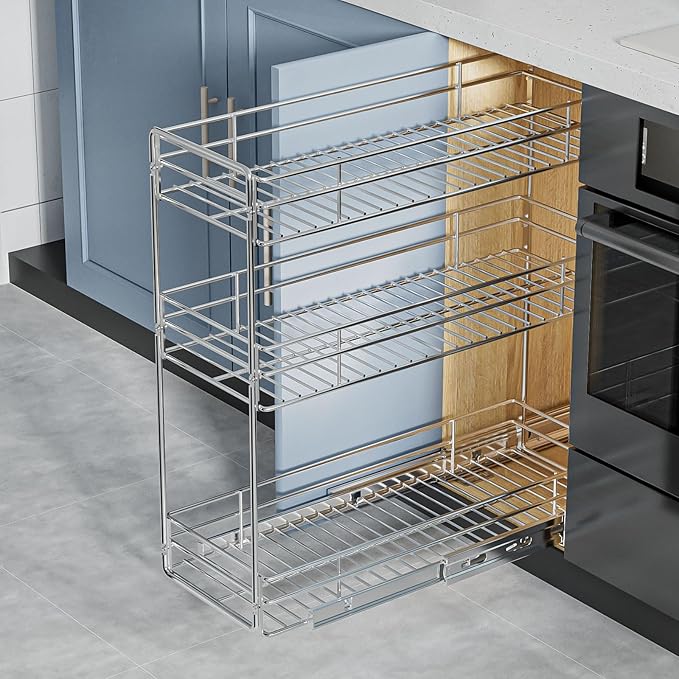 ROOMTEC Pull Out Spice Rack for Narrow Cabinet (5쩍" W X 20쩍" D),3 Tier Slide Out Cabinet Organizer and Pull Out Shelves Under Cabinet Storage for Kitchen, Chrome