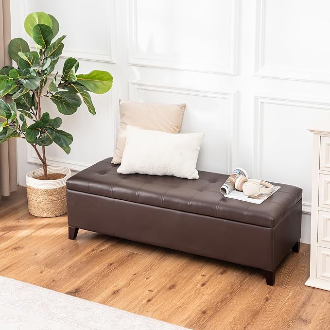 DECO DE VILLE Ottoman with Storage, 51 Inch Large Ottomans Storage Bench,Faux Leather Upholstered End of Bed Bench with Hinged Lid, Long Foot Rest Stool for Living Room Bedroom, Brown
