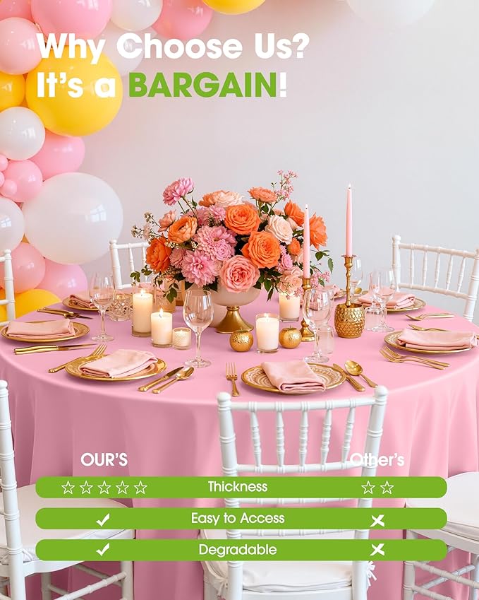 Pureegg Plastic Table Cloth Disposable 12 Pack, 84'' Round Table Cloths, Easter Party, Valentines, Mothers Day Decorations, Tablecloths, Round, Pastel Plastic Cover, Leakproof & Sturdy, Pink