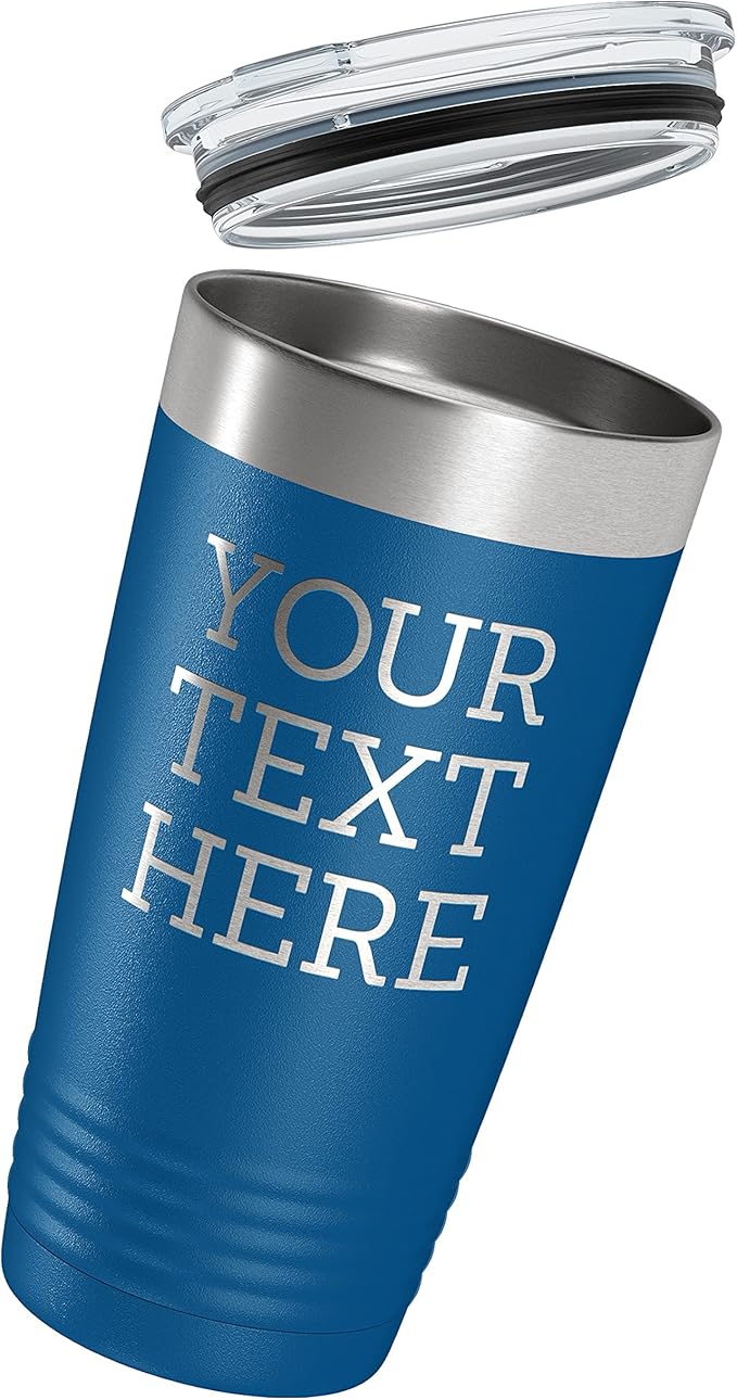 Personalized 20oz (17 Colors) Powder Coated Insulated Stainless Steel Tumbler with Lid, Custom Etched, Customized Text Message Name, Engraved Gift Idea Women Men Him Her, Your Text Here (Royal Blue)