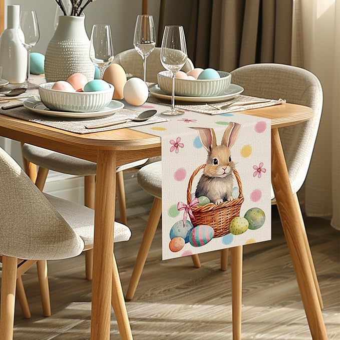 QIONG MENG Easter Table Runner Bunny Eggs Basket Flowers Burlap Table Decoration Spring Holiday Home Party Kitchen Dining Table Supplies 13x108 Inch