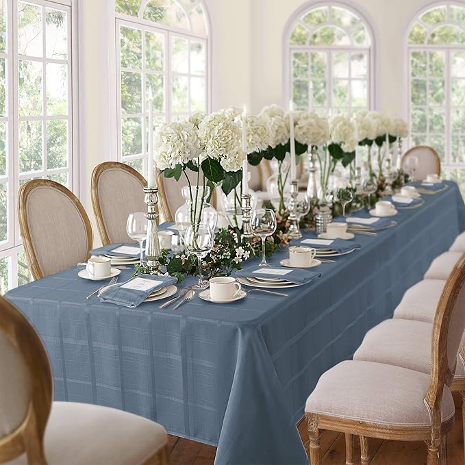 Newbridge 52 x 70 Inch Rectangle Fabric Tablecloth, Elegance Plaid, 100% Polyester, No Iron Soil Resistant Dining Room, Party and Banquet Table Cover, Solid Textured, Shadow Blue