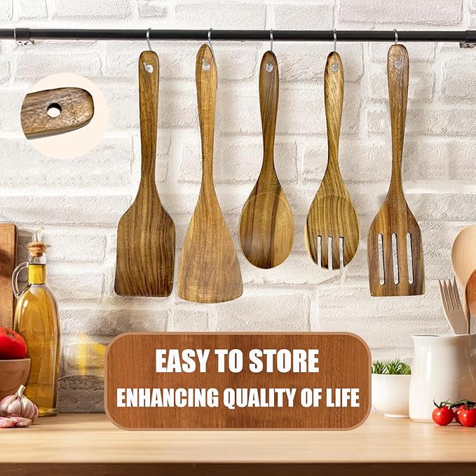 Wooden Utensil Set for Cooking, 5 Pcs Acacia Wood Spatulas for Kitchen use, Non Stick Wooden Kitchen Utensil Set of 5 including Spatula, Spoon, Slotted Turner