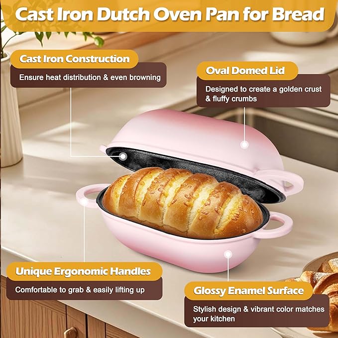 Homikit Enameled Cast Iron Dutch Oven for Bread Baking, 2.8 QT Oval Bread Oven Pot with Lid, Cast Iron Dutch Oven Loaf Sourdough Pan for Roasting Cooking, Pink & Heavy Duty