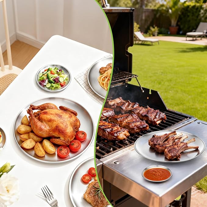 Stainless Steel Plates, 6 Pack 11.8 inch Large 201 Metal Food Serving Plate Set, Reusable Snack Eating Dishes Round Shatterproof Brushed Finish Dish Silver Dinner Lunch Oven Dishwasher Safe