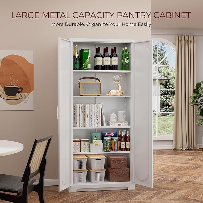 71" White Pantry Cabinet with Doors, Tall Metal Kitchen Pantry Storage Cabinet with 4 Adjustable Shelves and Gold Handles, Cupboard for Laundry, Dining Room, Living Room, Bathroom