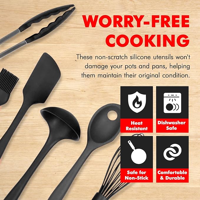 Chef Craft - Premium Silicone Kitchen Tools and Utensils Set, Non-Scratch, Withstands Temperatures up to 450째F, BPA-Free, 9 Piece Cooking Utensils Set, Black