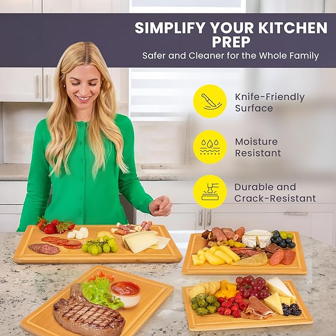 Glue-Free Surface??2XL Extra Large Bamboo Cutting Board Set of 4 ??Small, Medium, XL, and Oversized Sizes from Chopping Vegetables to Carving Meat & Turkey for Large Family Meal Prep and Gatherings