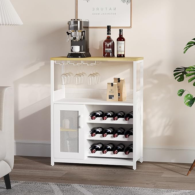 Vintage Industrial Wine Bar Cabinet with Adjustable Wine Racks and Glass Holders, Mesh Door Sideboard Storage Cabinet for Living Room, Kitchen, Dining Room, Compact Design, Easy Assembly,White