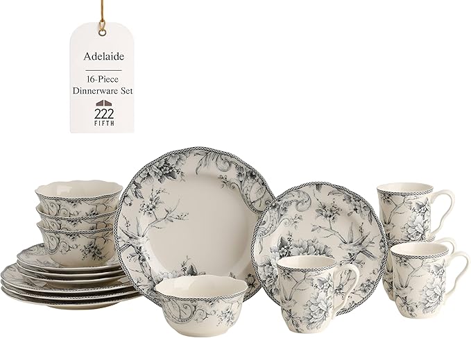 222 Fifth Adelaide 16-Piece Casual Grey Porcelain Dinnerware Set ??Service for 4, Classic Toile Bird & Floral Design, Microwave & Dishwasher Safe, for Everyday Dining & Entertainment