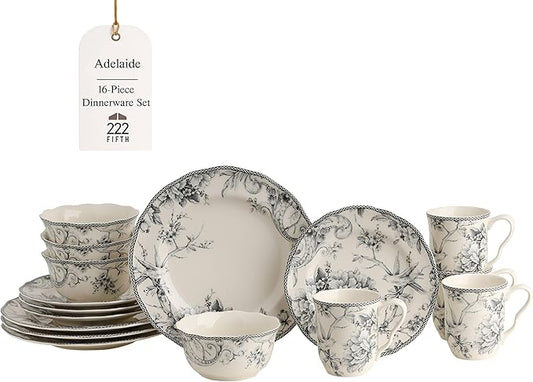 222 Fifth Adelaide 16-Piece Casual Grey Porcelain Dinnerware Set ??Service for 4, Classic Toile Bird & Floral Design, Microwave & Dishwasher Safe, for Everyday Dining & Entertainment