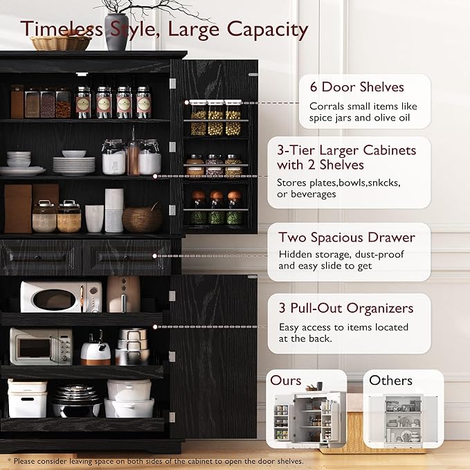 Ball & Cast 71?쿟all Farmhouse Kitchen Pantry Cabinet with 3 Pull Out Shelves & 2 Large Drawers,Versatile Pantry Storage Cabinet w/ 6 Door Shelf & Adjustable Shelves for Kitchen,Dining Room,Black