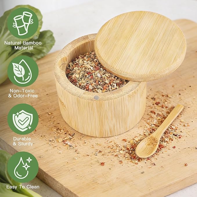 Ninsula Bamboo Salt Cellar, 360째 Magnetic Swivel Lid Salt Container with Built-in Spoon for Storing Table Salt, Pepper, Sugar, Sea Salt, Spices, and Herbs