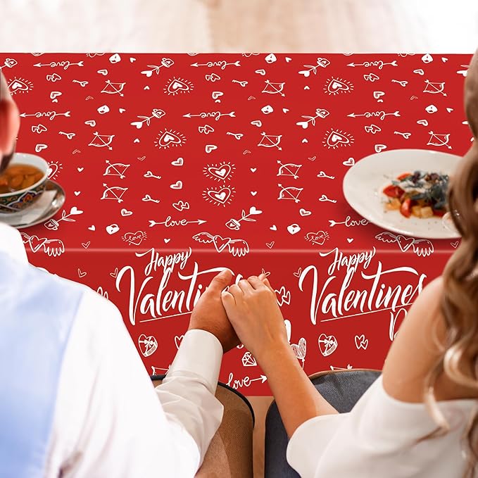 QZYL 2 PCS Valentines Decorations, Disposable 108" X 54" Valentines Tablecloths, Plastic Romantic Red Love Heart Tablecloths, Rectangle Love Table Covers, Galentines Decorations for Memorable Tables