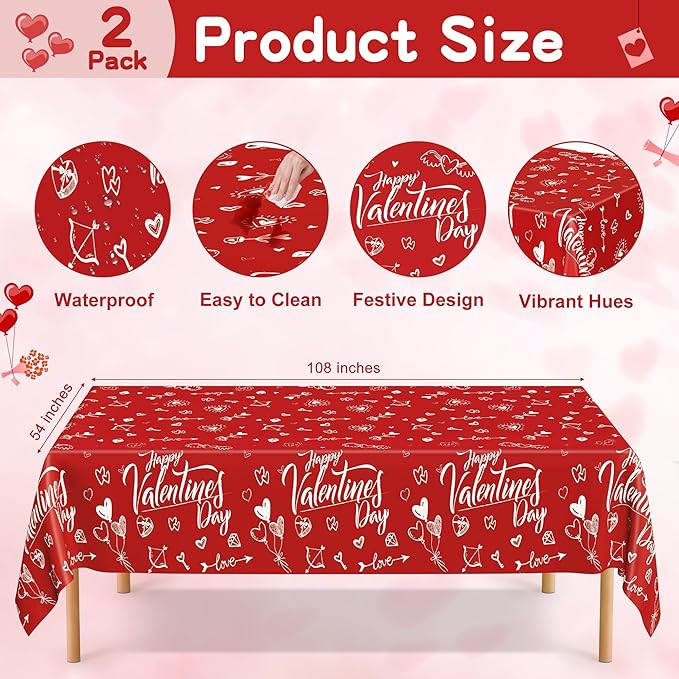 QZYL 2 PCS Valentines Decorations, Disposable 108" X 54" Valentines Tablecloths, Plastic Romantic Red Love Heart Tablecloths, Rectangle Love Table Covers, Galentines Decorations for Memorable Tables