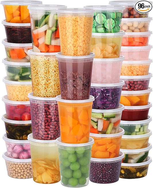 NESCCI 96 Pack (192-Piece) Deli Containers with Lids, 32/16/12/8 oz X 24 Set Each, Leak-Proof & BPA Free Airtight Takeout Plastic Food Storage Containers for Soup, Meal Prep,Microwave/Freezer Safe
