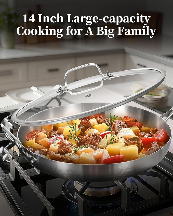 14-Inch Tri-Ply Stainless Steel Frying Pan with Lid & Detachable Handle - Induction Compatible Skillet, Oven & Dishwasher Safe, Ideal for Frying, Saut챕ing & Simmering