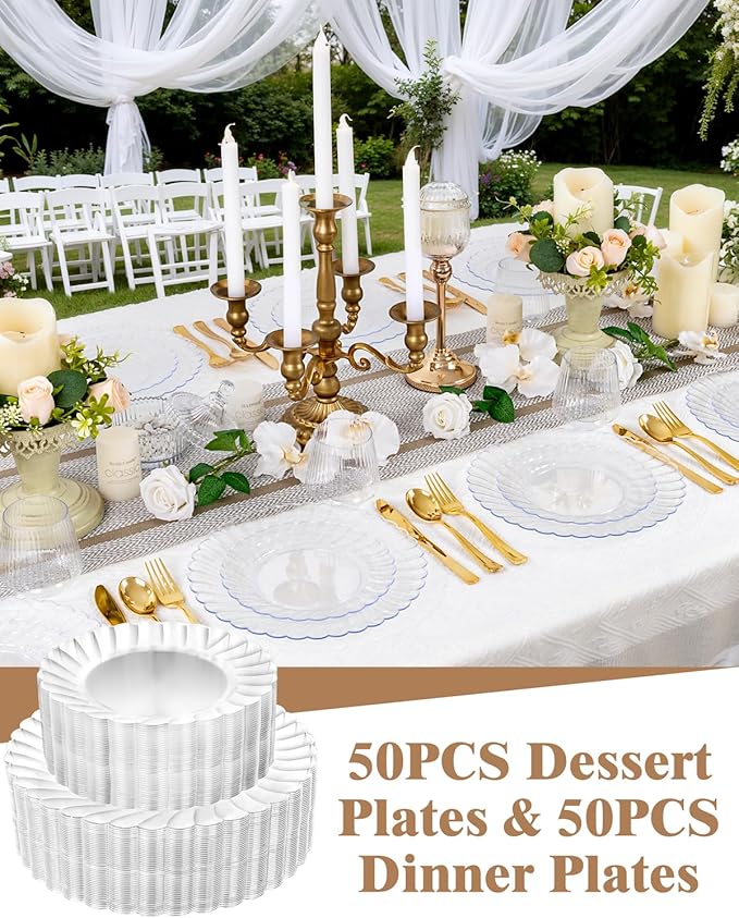 YOUBET 100PCS Clear Scalloped Plastic Plates - Heavy Duty Clear Disposable Plates, Fancy Hard Scalloped Plates Include 50 Dinner Plate, 50 Dessert Plate, for Wedding & Party
