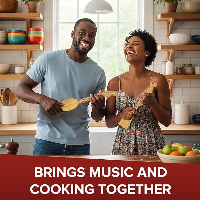 Guitar Bamboo Cooking Utensils Set (4-Piece) | Wooden Spoons and Spatulas | Fun Music Themed Kitchen Gadgets & Accessories | Unique Gift for Musicians, Guitar Players