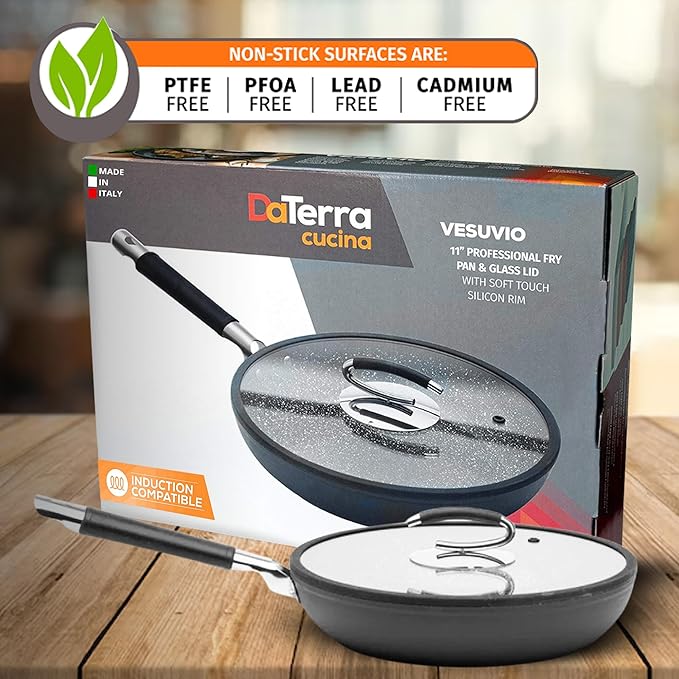 DaTerra Cucina 11" Nonstick Ceramic Frying Pan with Lid ??Oven & Induction Safe, High Heat Resistant Nonstick Cookware, Dishwasher Safe, Durable & Stylish - Volcanic Black Speckled ??Made in Italy