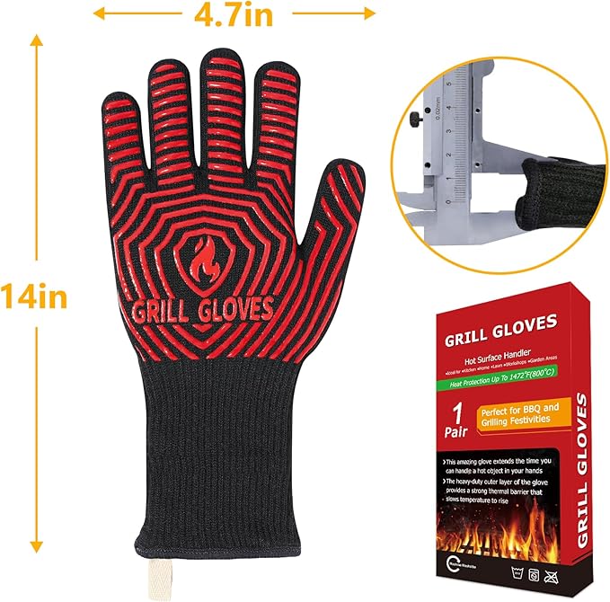 BBQ Gloves, BBQ Accessories 1472??Extreme Heat Resistant, Grilling Gloves Silicone Non-Slip Oven Mitts, Kitchen Gloves for BBQ, Grilling, Cooking, Baking-1 Pair 14inch