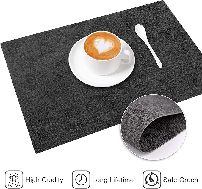 LANDVIEW Leather Heat Resistant Placemats Set of 6 Waterproof Wipeable Washable PU Table Mats,Easy to Clean Anti-Slip Place Mats (Dark Grey, 6)