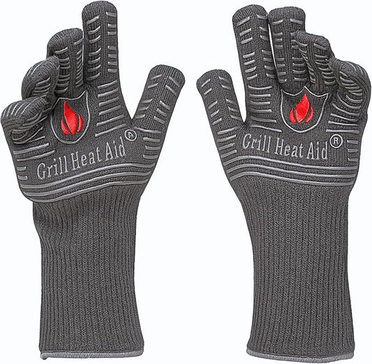 GRILL HEAT AID BBQ Grill Gloves Heat Proof for Grilling ??Fireproof 1472째F Heat-Resistant Grill Mitts for Outdoor Barbecue and Smoker, Campfire, Fire Pit, Oven Glove with Fingers for Baking Pizza