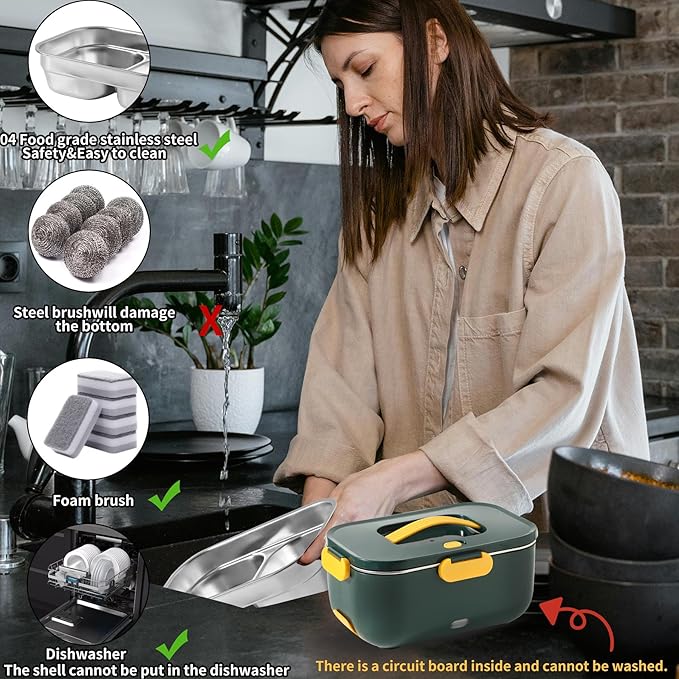 Meng Ke'en Electric Lunch Box 80W/2L Detachable Stainless Steel Container 12V/24V/110V Electric Lunch Box Portable Food Warmer (Green Double Compartments)