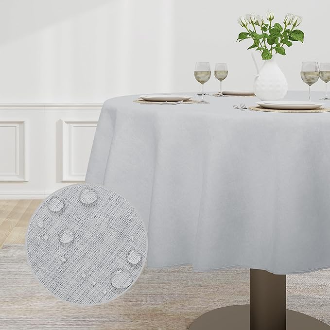 Easy-Going Faux Linen Waterproof Spill-Proof Tablecloth Stain Resistant Round Table Cloth Wrinkle Free Decorative Fabric for Kitchen, Dining, Party, Weddings, Restaurants (70 in-Round, Grey)