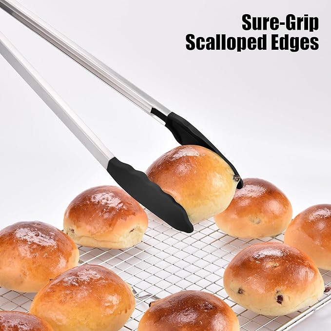 Doosu Kitchen Tongs for Cooking - 600째F Heat Resistant Food Tong with Non-Scratch Silicone Tips, Heavy Duty Stainless Steel Locking Tong for BBQ, Grilling Steak, Serving Salad, Pasta (16in, Black)