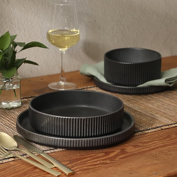 Gibson Elite Deerfield 16-Piece Stoneware Dinnerware Set ??Matte Black Reactive Glaze Plates and Bowls, Stackable, Modern Design, Service for 4 ??Microwave & Dishwasher Safe