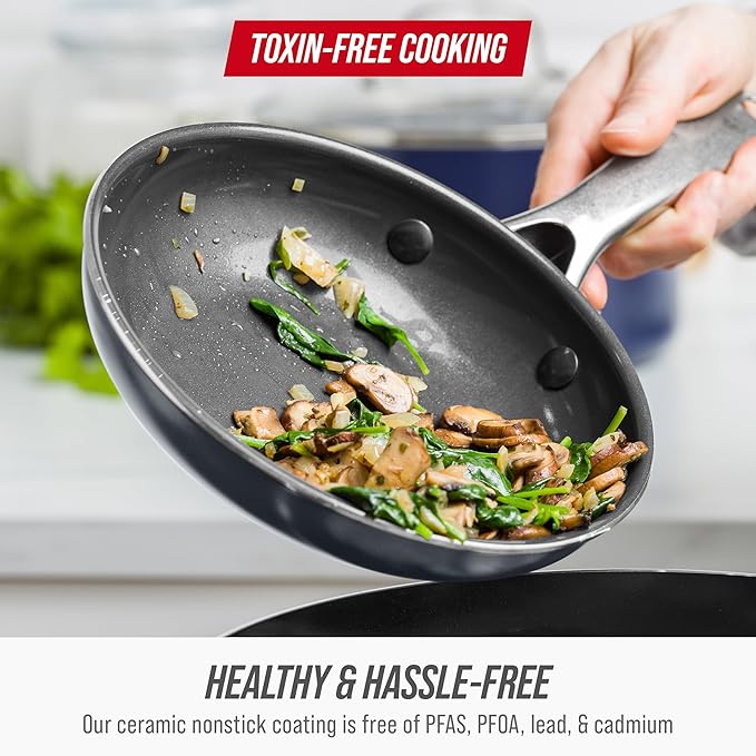 Blue Diamond Frying Pan 8??Skillet, Diamond Infused Healthy Ceramic Nonstick, PFAS and PFOA-Free, Dishwasher and Oven Safe, Even Heating, Metal Utensil Safe, Warp Control Base, Grey