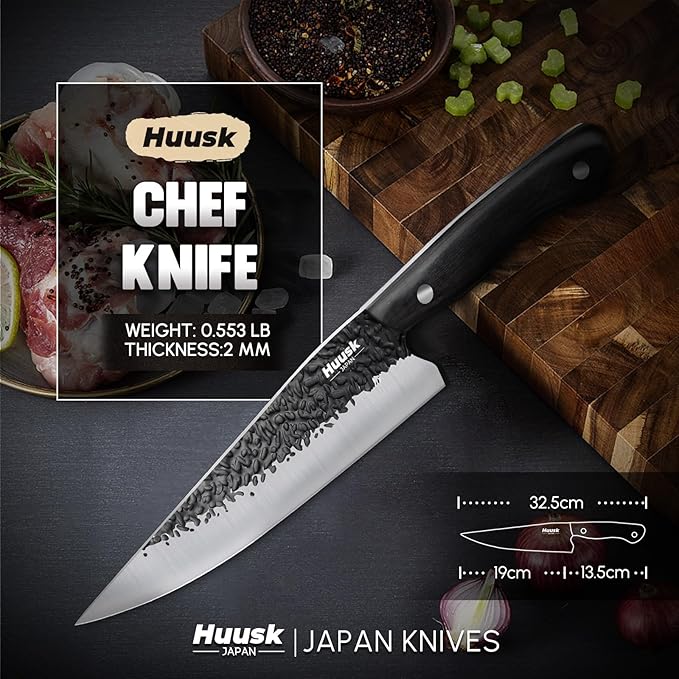 Huusk Chef Knife Japanese Kitchen - Hand Forged Viking Knife for Meat Cutting - Ideal Kitchen Knife Made From a Single Piece of High Carbon Steel Christmas Gift for Men and Women