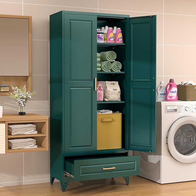 75??Kitchen Pantry Storage Cabinet,Metal Tall Storage Cabinet with Drawers and Adjustable Shelves,Modern Kitchen Hutch Cabinets,Freestanding Cupboard for Living Room,Green