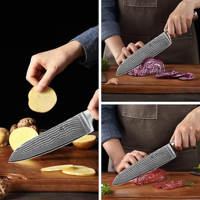 Wakoli EDIB 3-Piece Damascus Kitchen Knife Set in Wooden Gift Box ??Sharp Knives Set made of Genuine Damascus Steel (VG10 Core) ??Santoku, Small Santoku & Paring Knife ??Ergonomic Pakkawood Handles